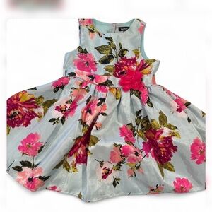 Zenzii powder blue dress with pink floral design and pink flower detail 3T